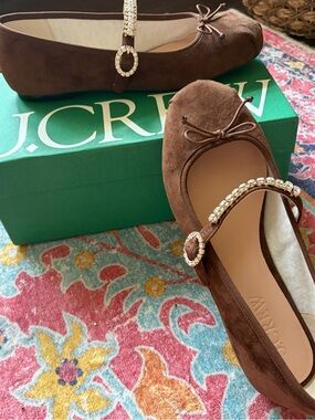 J CREW Logan Embellished Mary Jane Ballet Flat in Chocolate Suede Size 10 NIB
